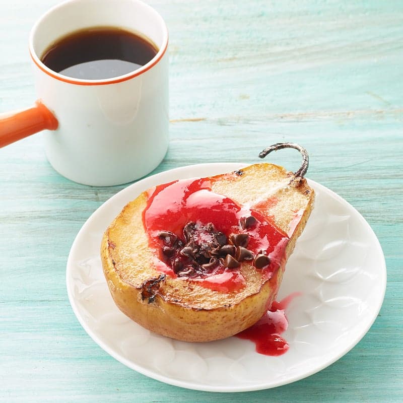 Baked Pear with Raspberry Syrup and Chocolate